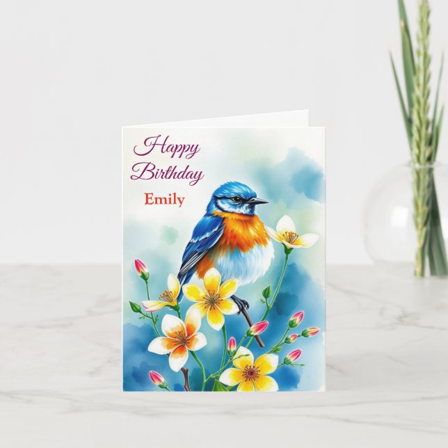 Personalized Blue Bird Flowers Watercolor birthday Card (Front)