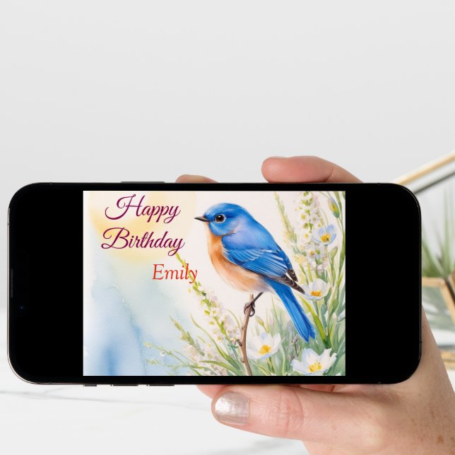 Personalized Blue Bird Flowers Watercolor birthday Card (Front Digital)