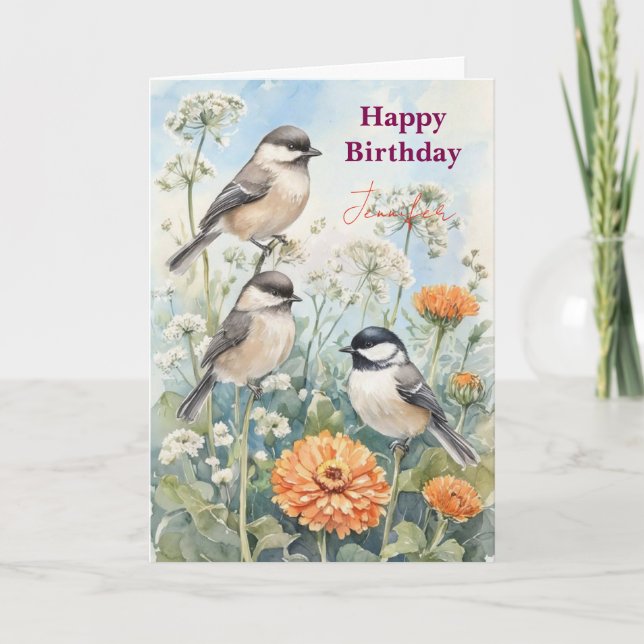 Personalized Blue Bird Flowers Watercolor birthday Card (Front)