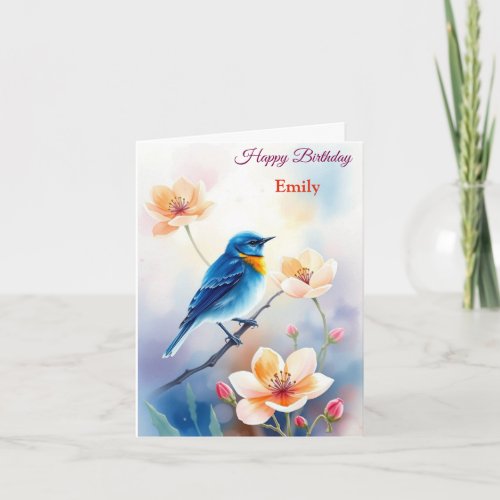 Personalized Blue Bird Flowers Watercolor birthday