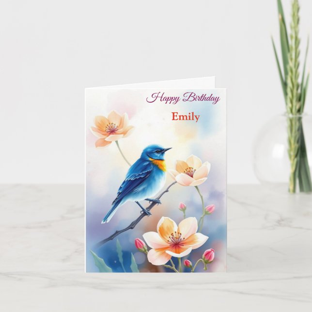 Personalized Blue Bird Flowers Watercolor birthday Card (Front)