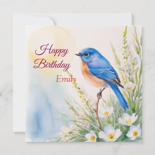 Personalized Blue Bird Flowers Watercolor birthday