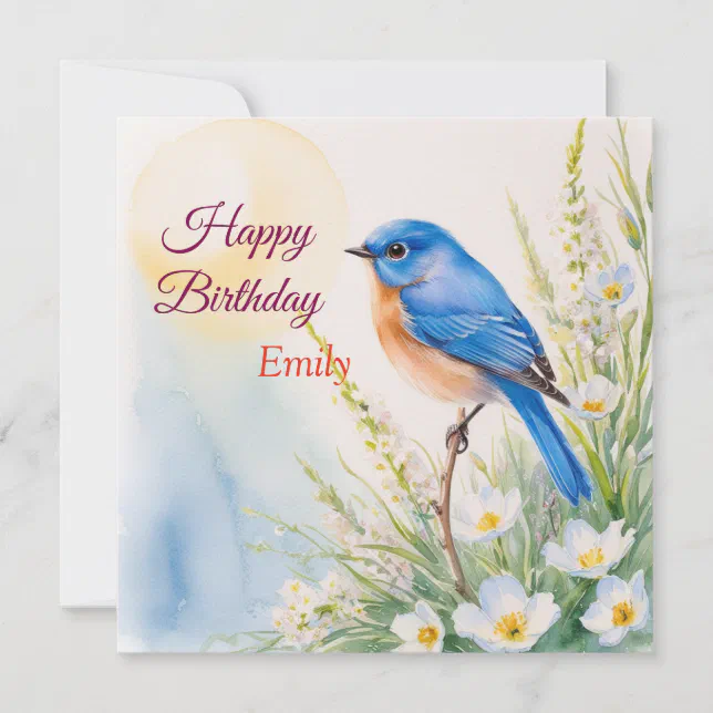 Personalized Blue Bird Flowers Watercolor birthday Card | Zazzle