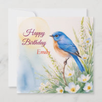 Personalized Blue Bird Flowers Watercolor birthday