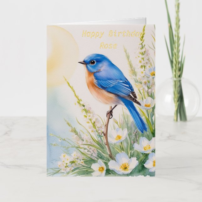 Personalized Blue Bird Flowers Watercolor birthday Foil Greeting Card (Front)