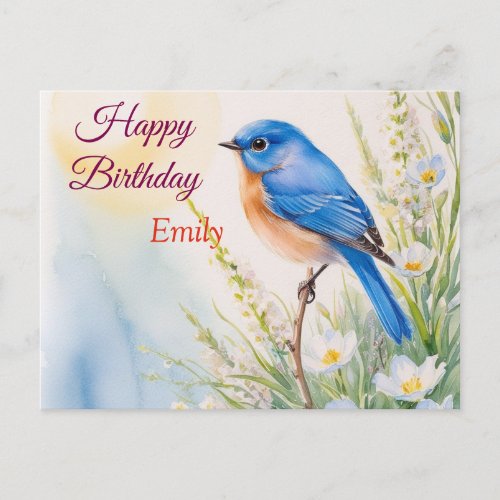 Personalized Blue Bird Flowers Watercolor birthday