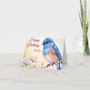 Personalized Blue Bird Spring Flowers Watercolor Card