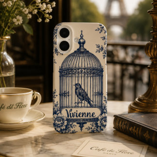 Personalized Blue Birdcage Toile iPhone 16 Case