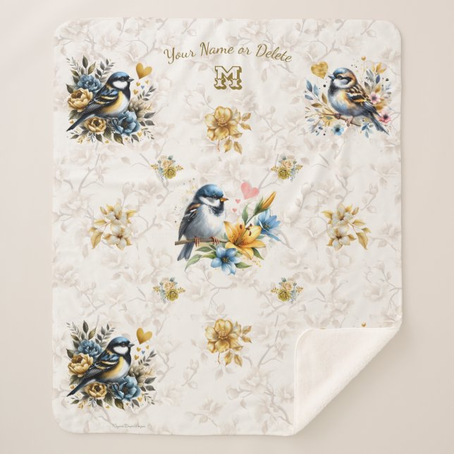 Personalized Blue Birds & Gold Floral Sherpa Blanket (Front)