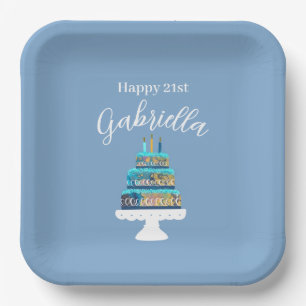 Personalized Blue Birthday Cake Paper Plates