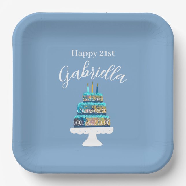 Personalized Blue Birthday Cake Paper Plates (Front)