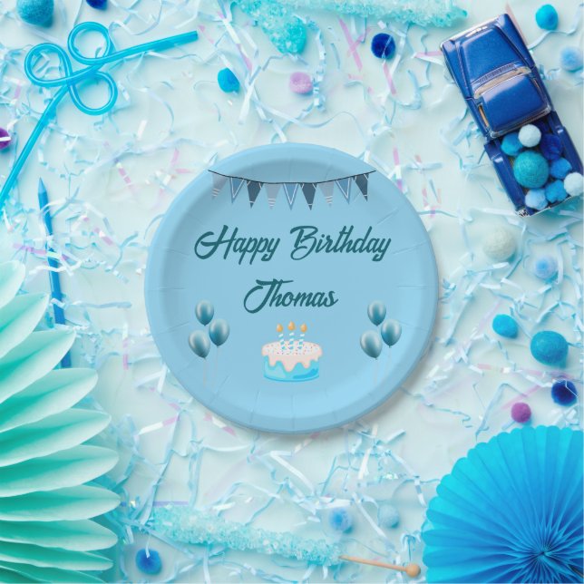 Personalized Blue Birthday Paper Plate (Party)