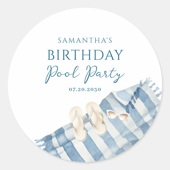 Personalized Blue Birthday Pool Party Classic Round Sticker (Front)