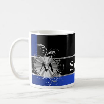 Personalized Blue Black And Silver Monogram Coffee Mug by monogramgiftz at Zazzle