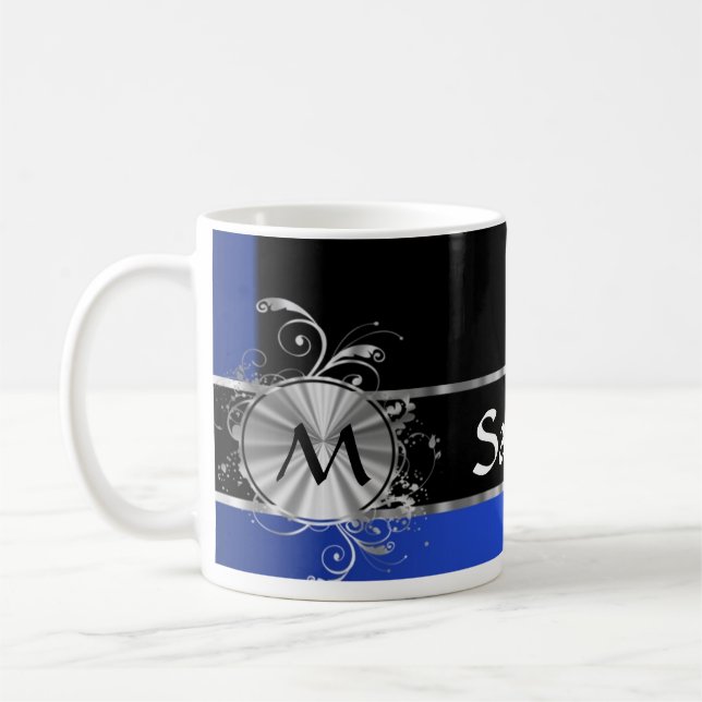 Personalized blue black and silver monogram coffee mug (Left)