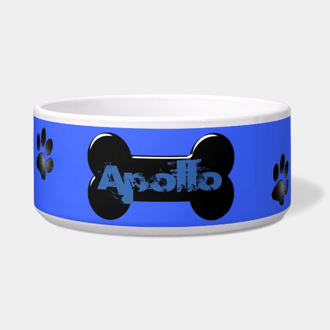 Personalized Blue Black Dog Bone & Paw Prints Bowl (Front)