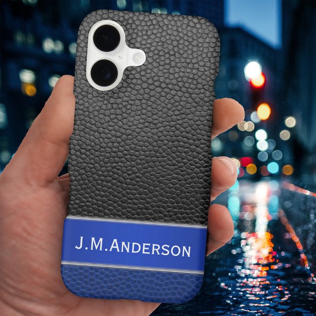 Personalized Blue Black Faux Leather Phone Case (Stylish phone case featuring a blue and black faux leather design with metallic band and your text)