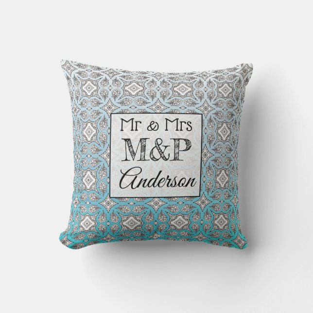 Personalized Blue & Black Mandala Wedding Pillow (Front)