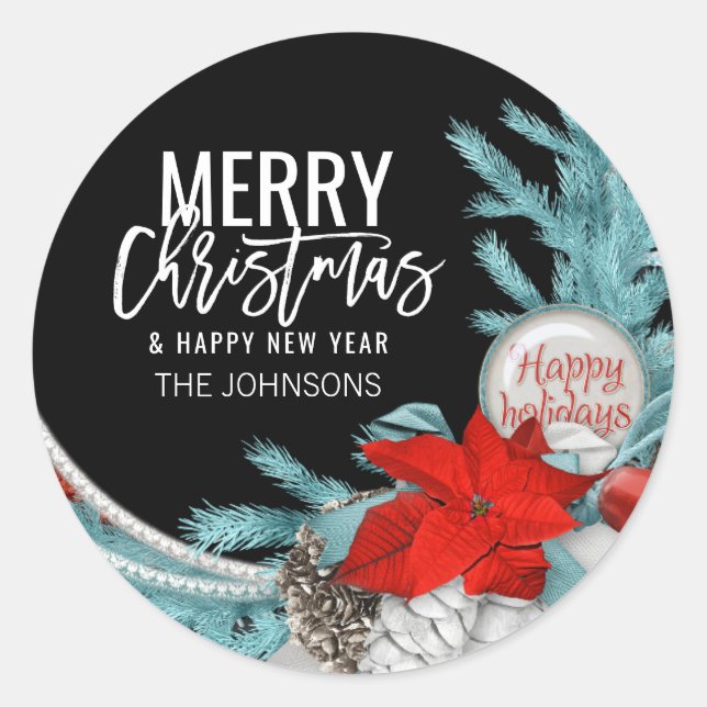 Personalized BLUE Black Red MERRY CHRISTMAS Classic Round Sticker (Front)