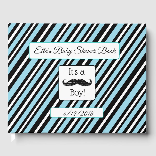 Personalized Blue & Black Stripes Baby Shower Book (Front)