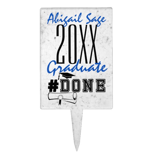Personalized Blue Black White #DONE Graduation Cake Topper (Front)