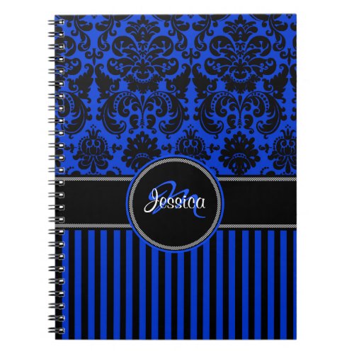 Personalized Blue Black White Striped Damask Notebook