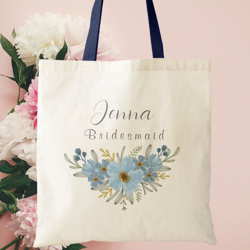 Personalized Blue Botanical Floral Bridesmaid  Tote Bag
