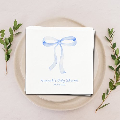 Personalized Blue Bow Baby Shower Watercolor Napkins