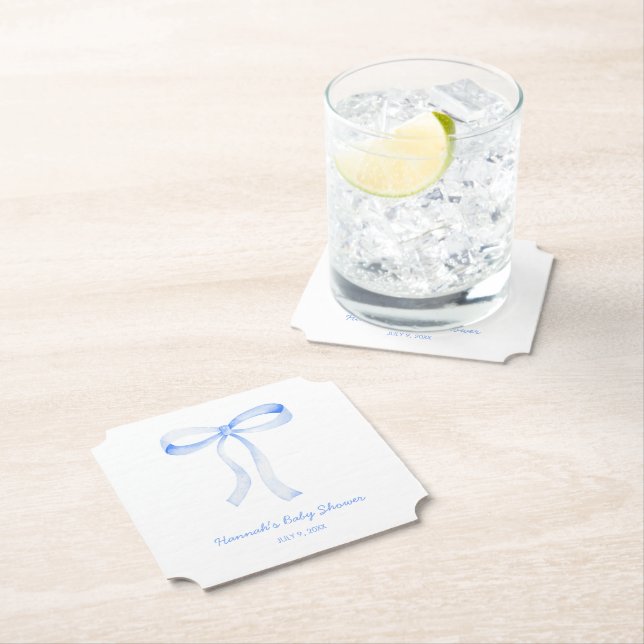 Personalized Blue Bow Baby Shower Watercolor Paper Coaster (Insitu)