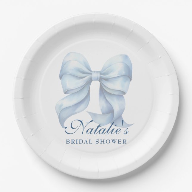 Personalized Blue Bow Bridal Shower Fancy Paper Plates (Front)
