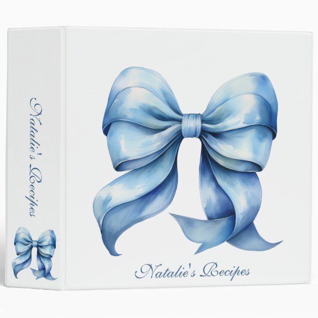 Personalized Blue Bow Bridal Shower Recipe 3 Ring Binder (Front/Spine)