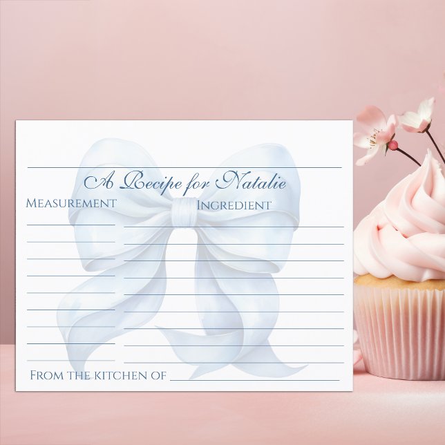 Personalized Blue Bow Bridal Shower Recipe Card (Creator Uploaded)