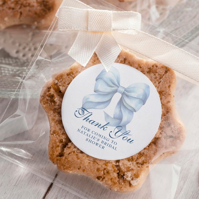 Personalized Blue Bow Bridal Shower Thank You Classic Round Sticker (Creator Uploaded)