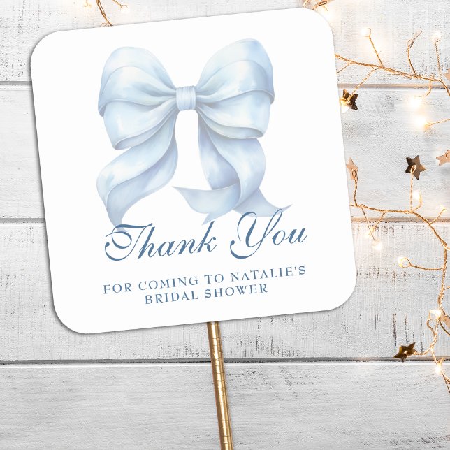 Personalized Blue Bow Bridal Shower Thank You Square Sticker (Creator Uploaded)