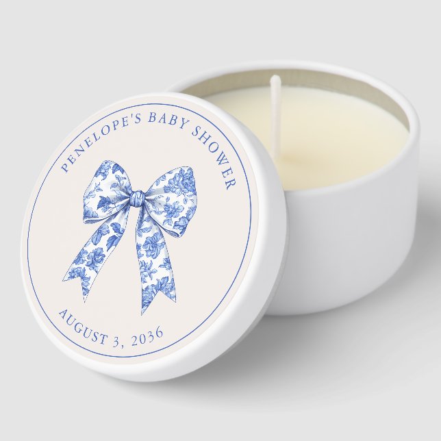 Personalized Blue Bow Chinoiserie Baby Shower Mini Candle Favors (Corner)