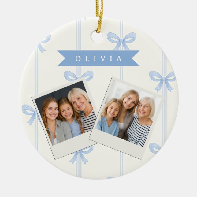 Personalized Blue Bow Coquette Name Aesthetic Ceramic Ornament (Front)