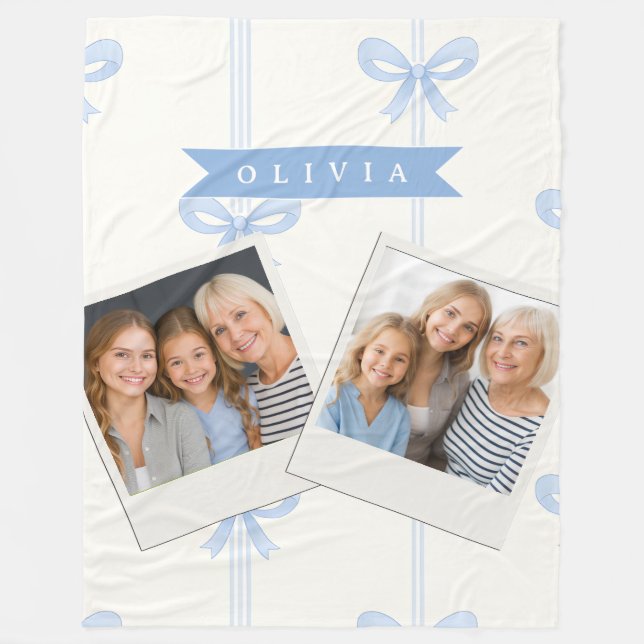 Personalized Blue Bow Coquette Name Aesthetic Fleece Blanket (Front)