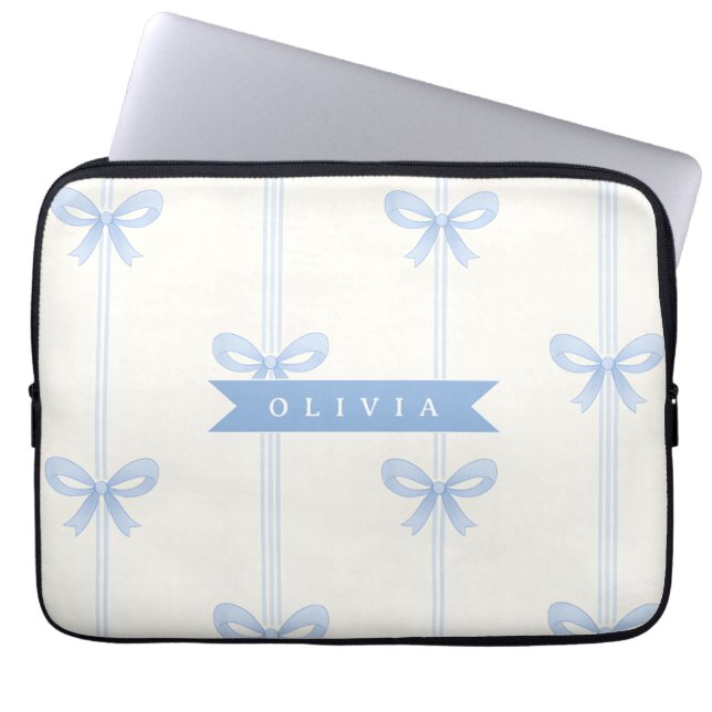 Personalized Blue Bow Coquette Name Aesthetic Laptop Sleeve (Front)