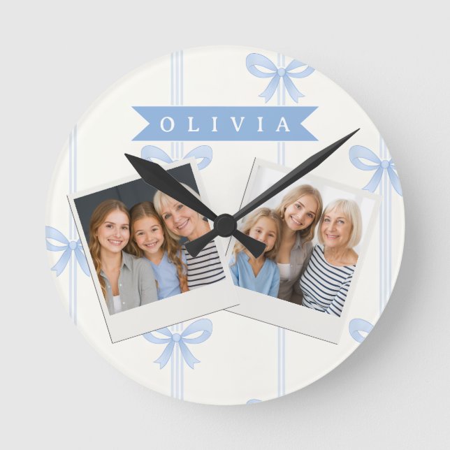 Personalized Blue Bow Coquette Name Aesthetic Round Clock (Front)