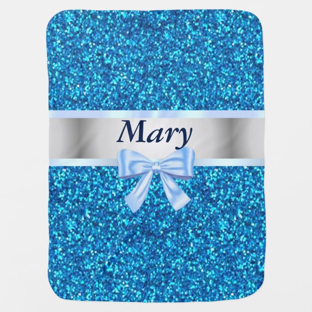 Personalized Blue Bow Glitter Baby Blanket (Front)