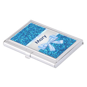 Personalized Blue Bow Glitter Business Card Holder