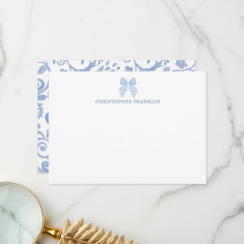 Personalized Blue Bow New Baby Stationery Thank You Card