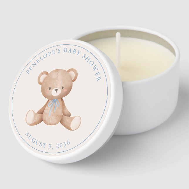 Personalized Blue Bow Teddy Bear Baby Shower Mini Candle Favors (Corner)