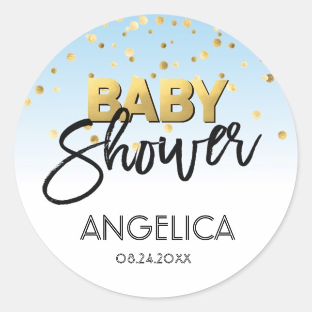 Personalized Blue BOY Gold Baby Shower Labels (Front)