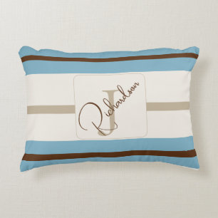 Personalized Blue Brown Stripe Monogram Coastal  Accent Pillow