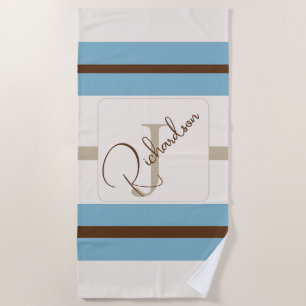 Personalized Blue Brown Stripe Monogram Coastal  Beach Towel