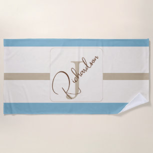 Personalized Blue Brown Stripe Monogram Coastal  Beach Towel