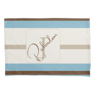 Personalized Blue Brown Stripe Monogram Coastal Pillow Case