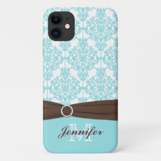 Personalized Blue, Brown, White Damask iPhone 11 Case