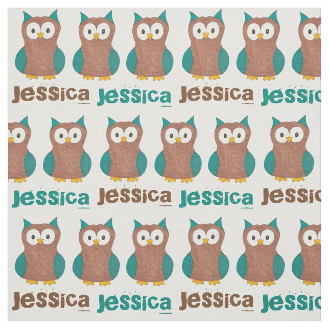 Personalized Blue Brown Wise Old Owl Bird Print Fabric (Swatch)